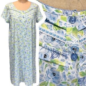 Cottage flower garden cotton nightgown pajama midi‎ short sleeve button front